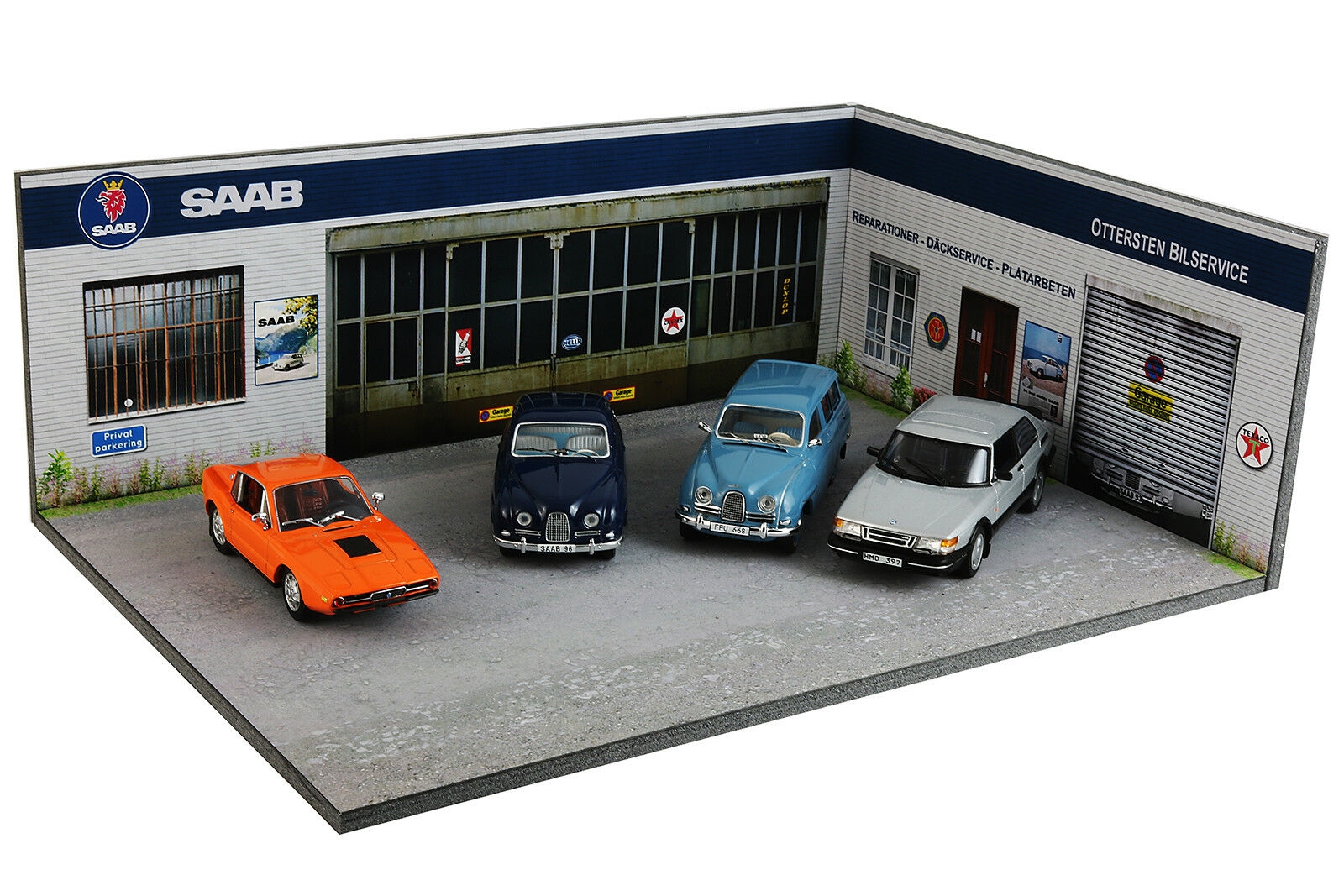 Diorama Saab workshop display stand, miniature saab garage - SAAB