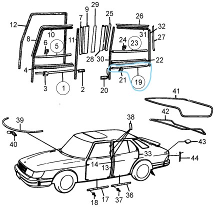 enjoliveur chromé inférieur porte arrière gauche saab 900 classic Carrosserie saab