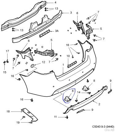 fixation du pare choc arrière SAAB 9.3 NG 4D 5D CV Capot, ailes et tôles avant